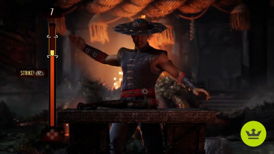 Mortal Kombat 1 Test Your Might: Kung Lao preparing to strike a block.