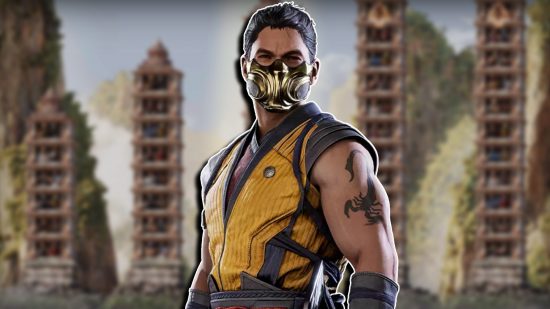 Mortal Kombat 1 Towers: Scorpion looking to the side of the camera, set against a blurred background of the Towers mode menu.
