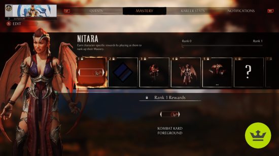 Mortal Kombat 1 unlock fatalities: Nitara's Character Mastery reward track.