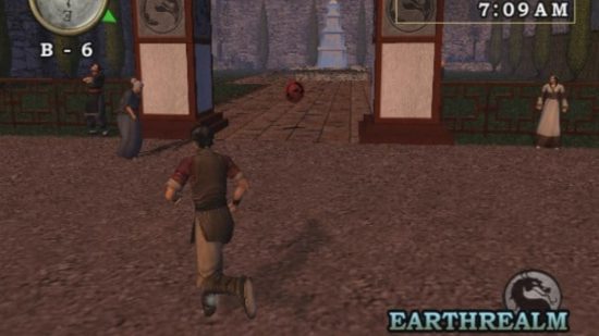 Mortal Kombat konquest: A third-person screenshot of a character in brown clothes running from the PS2-era Mortal Kombat Deception