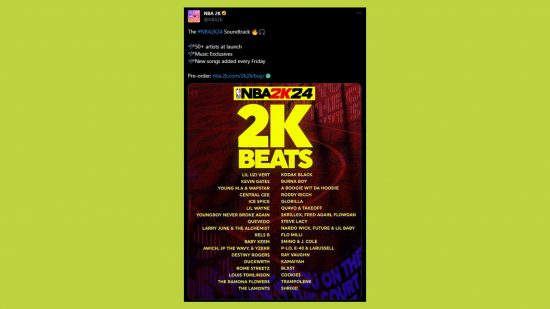 NBA 2K24 soundtrack: an image of the tweet showing who's on the tracklist