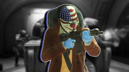 Payday 3 heists: A character wearing a mask and holding a rifle, firing. Set against a black & white background of a bank robbery mission.