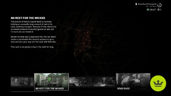 Payday 3 heists: No Rest for the Wicked in the mission screen.