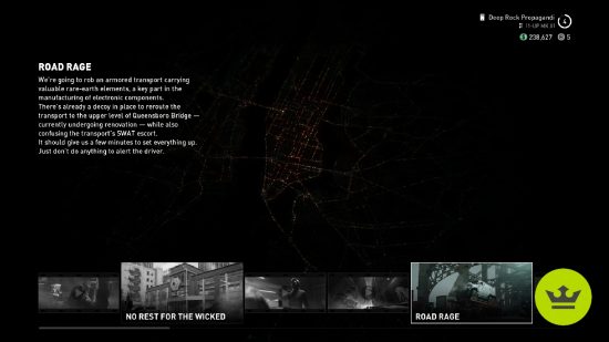 Payday 3 heists: Road Rage in the mission overview page.