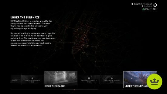 Payday 3 heists: Under the Surphaze in the heist mission selection screen.