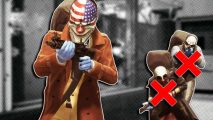 Payday 3 solo: Three players with weapons at the ready, two of them crouched behind with red crosses on them.