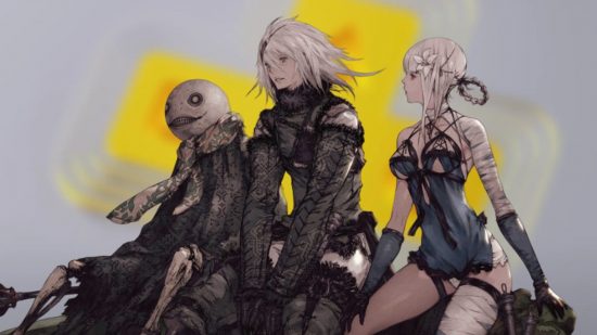 PS Plus Extra and Premium September 2023 games: The characters from NieR Replicant sitting down, set against a blurred background of the PS logo.