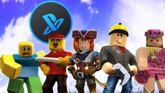 Roblox PS5 release date: The Playstation logo floats above Five Roblox characters, one of which is holding a PS5 controller