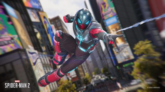 Spider-Man PS5 suits: Peter swinging ready to punch wearing the 25th Century Suit.