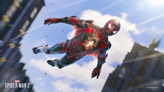Spider-Man PS5 suits: Miles using the web wings with the Biomechanical Suit.