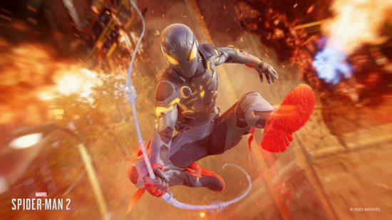 Spider-Man PS5 suits: Miles swinging away from fire in the Encoded Suit.