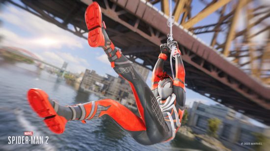 Spider-Man PS5 suits: Miles swinging over water under a bridge in the Red Spectre Suit.