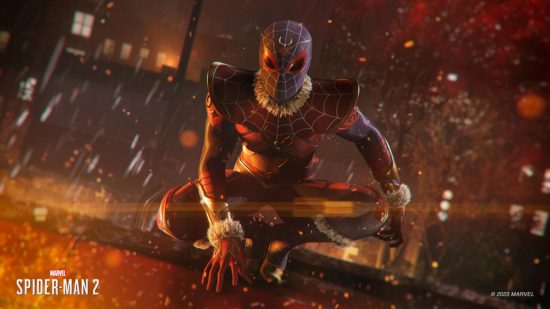 Spider-Man PS5 suits: Peter perched on a beam in a fiery building while wearing the Stone Monkey Suit.