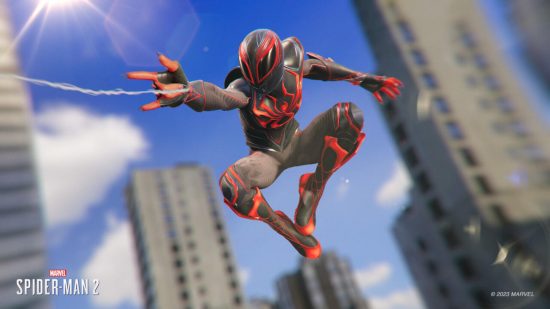 Spider-Man PS5 suits: Miles wearing the Tokusatsu suit while jumping in the air.