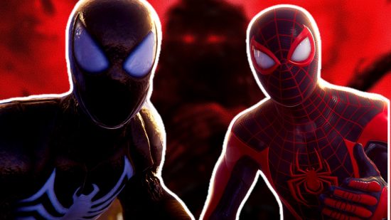 Spider-Man 2 trophy list leaks Knull: an image of Miles and Peter and Knull from the PS5 game
