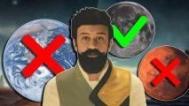 Starfield best outpost locations: A masculine character looking at the camera, with planets around them marked by red crosses and green ticks.