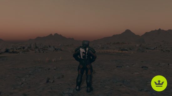 Starfield best outpost locations: A player standing on Magnar with their hands on their his, looking at the landscape.