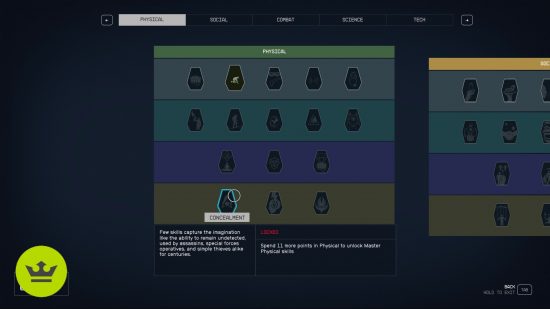 Best Starfield skills: The Concealment skill in the skill tree page.