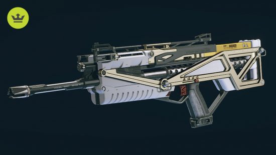 Starfiled best weapons: a futuristic looking silver, black, and gold rifle with a rectangular body and a long thin barrel