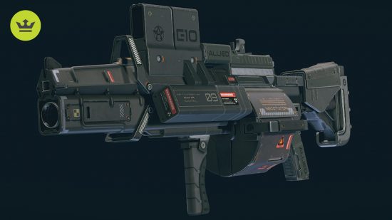 Starfield best weapons: A large black rocket launcher with small red accents