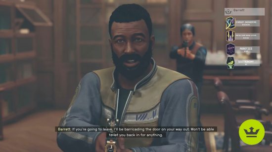 Starfield companions: Barrett talking with the player while holding a pistol.