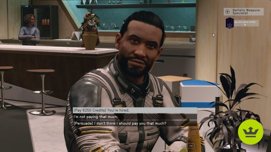 Starfield companions: A Ballistic Weapons Specialist looking at the player.