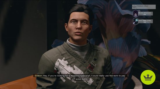Starfield companions: Gideon Aker talking with the player.