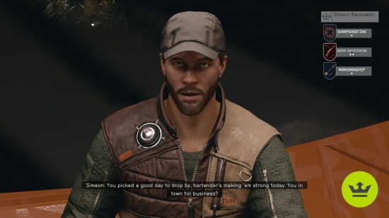 Starfield companions: Simeon Bankowski looking at the player during dialogue.