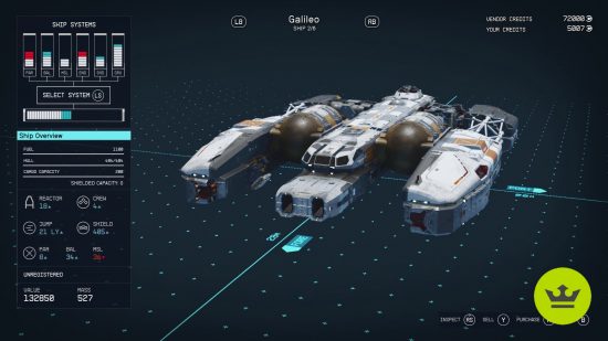 Starfield increase crew size: A new ship viewed in the ship vendor interface.