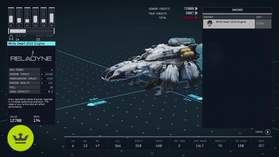 Starfield increase crew size: Ship parts viewed in the ship customization screen.