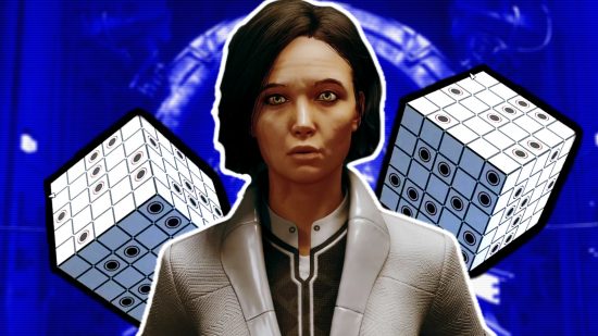 Starfield Cube item puzzle: an image of a woman with two cubes in front of a Stargate