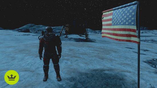 Starfield easter eggs: A player standing next to the American flag at the Apollo 11 moon landing location.