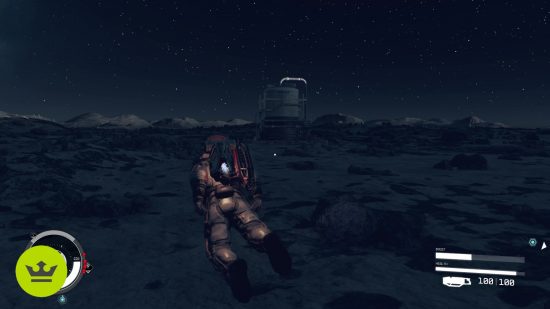 Starfield boost pack: A player using a jetpack on the moon.