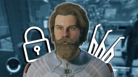 Starfield lockpicking guide: A masculine character looking towards the camera, with lockpick icons and a padlock icon above either shoulder.