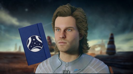 Starfield magazine locations: A man in a grey undersuit with long brown hair. A blue book floats beside him