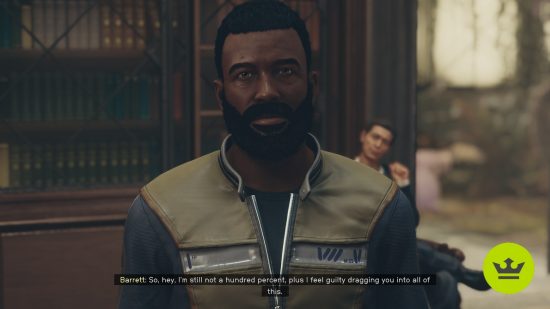 Starfield main missions list: Barrett talking to the player in the Lodge.