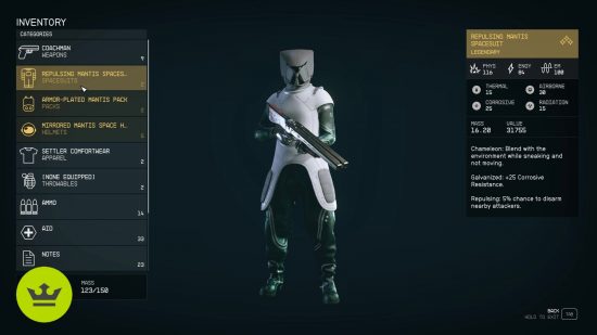 Starfield Mantis puzzle: The Mantis armor set in the inventory screen.