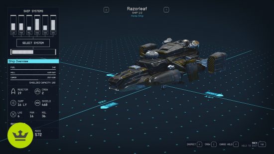 Starfield Mantis puzzle: The Razorleaf in the ship overview menu.