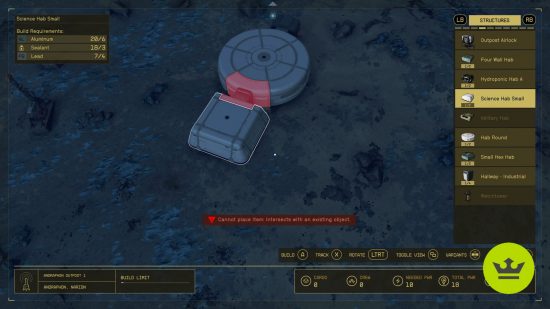 Starfield outpost building: A player placing modules in the base building menus at night.