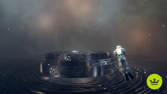 Starfield powers: The player drifting towards the central ringed artifact in a temple.