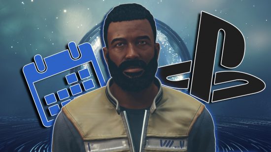 Starfield PS5, PS4 release: Barrett looking towards the camera, with a PlayStation logo above his shoulder on the right side of the image, and a calendar icon on the left.