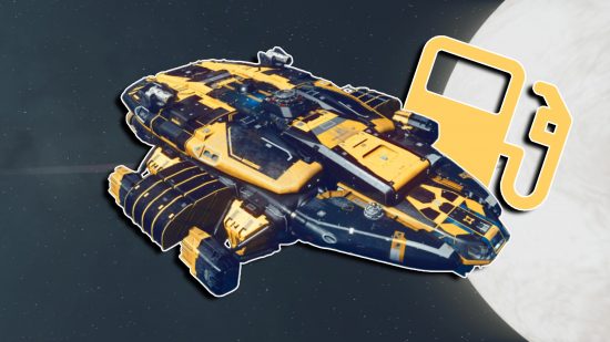 Starfield refuel ship: A colorful blue and yellow ship against a blurred background of planets, with a fuel pump icon tucked behind the ship.