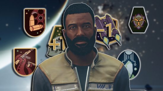 Starfield respec: Barrett looking at the camera, with various skill icons next to him.