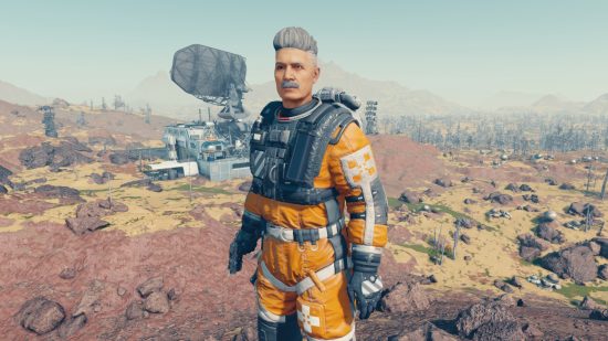 Starfield review: a man with silver hair and wearing an orange space suit with a view of an alien planet and a scientific outpost behind him