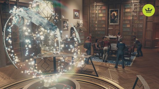 Starfield review: Artifacts float in a ball of mysterious light, while a group of people gather around a table in front of a large wooden bookshelf