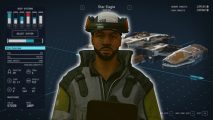 Starfield ship building: A Ship Services Technician standing in front of a blurred menu of the ship building system.