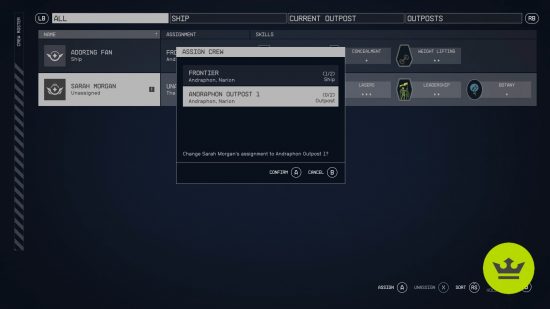 Starfield ship building: The player assigning a crew member in the menus.