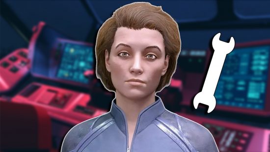 Starfield ship parts: The Jemison Mercantile vendor looking at the camera, with a wrench icon next to her, set against a blurred background of a cockpit.