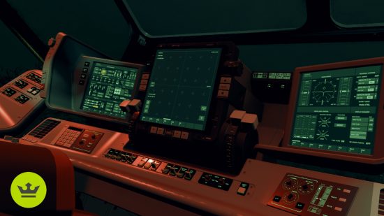 Starfield ships: An atmospheric shot of a ship's cockpit controls.