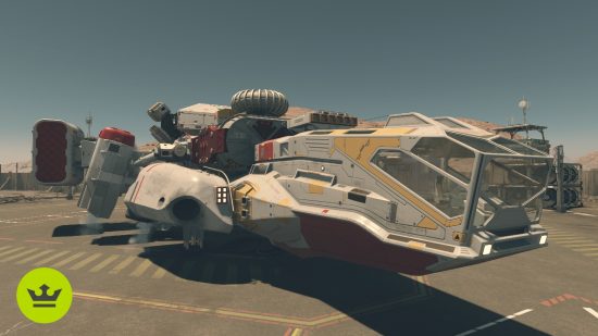 Starfield ships: A player's customized ship parked on a landing pad.